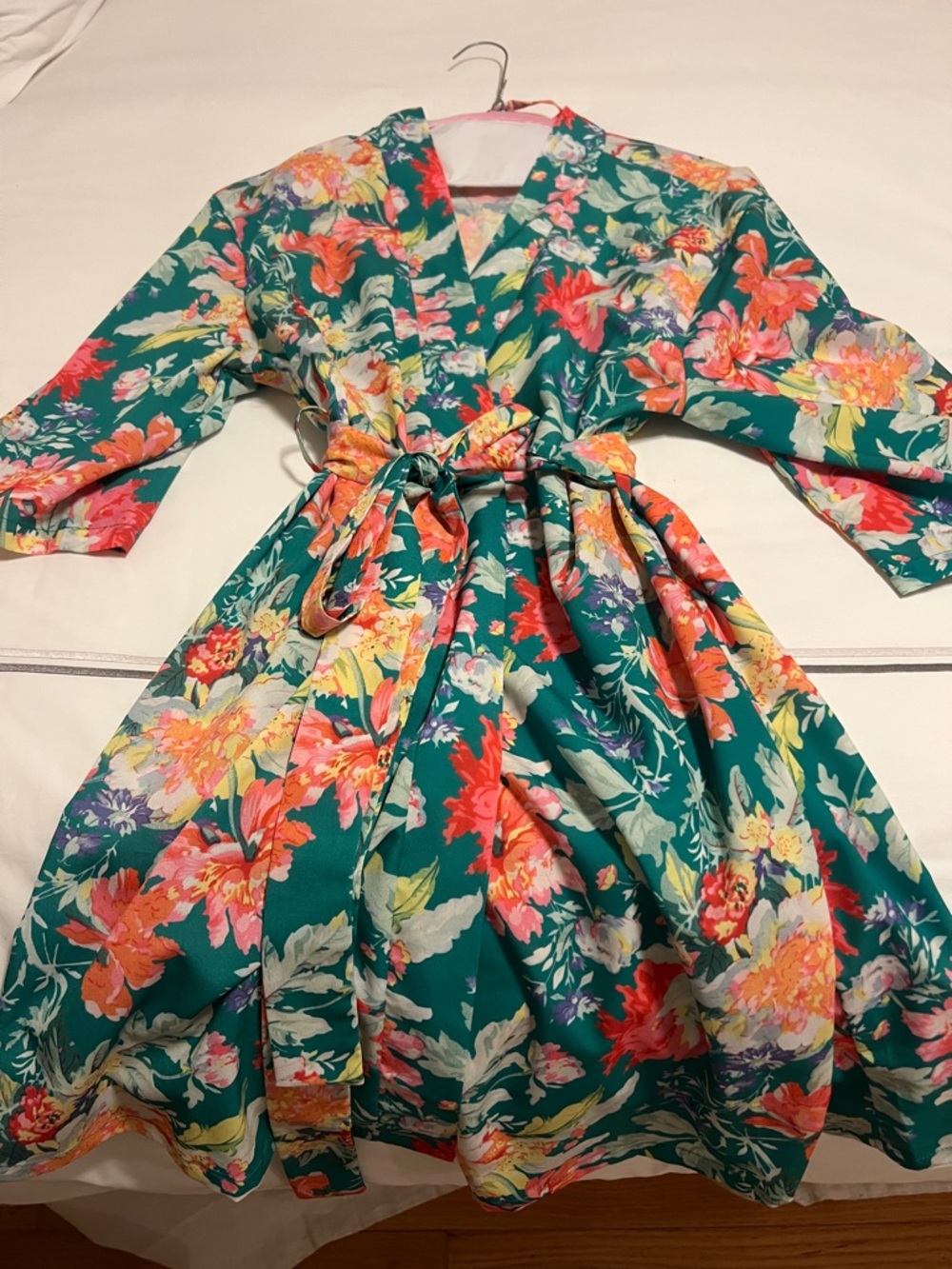 Teal Floral Wrap Robe with Multicolor Blooms
